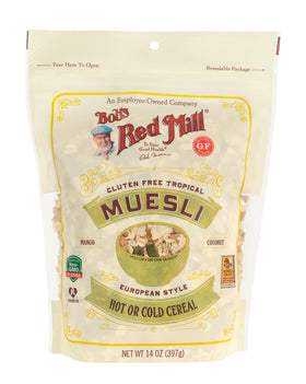 Bob's Red Mill Tropical Muesli packaging highlights gluten free and non-GMO.