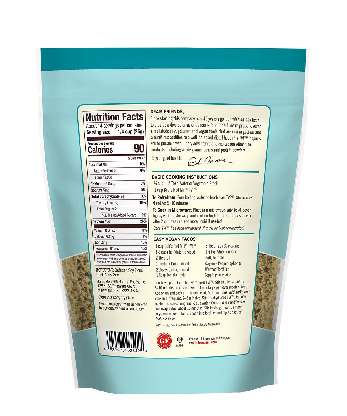 Bob's Red Mill TVP in a chili dish offers protein-rich, meatless filling options.