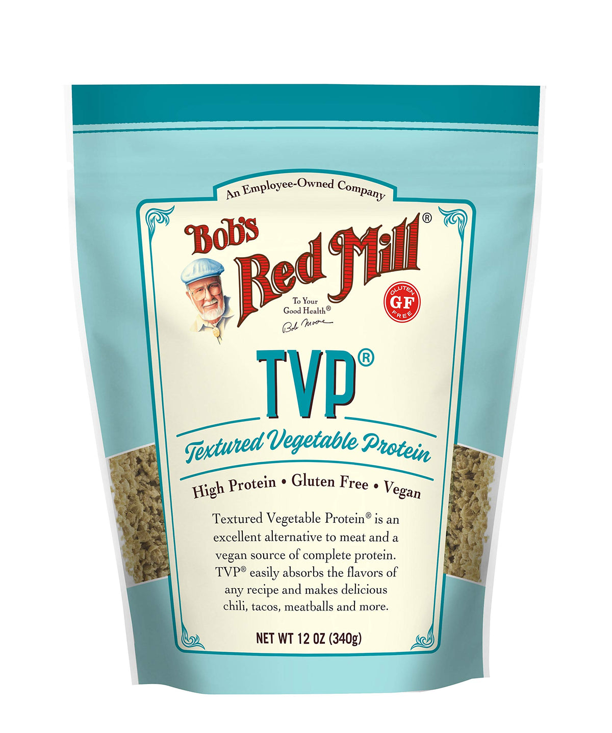 Bob's Red Mill TVP uncooked bag; versatile vegan protein base for meals.