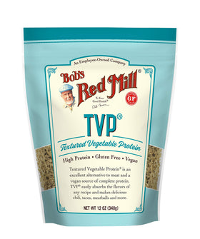 Bob's Red Mill TVP uncooked bag; versatile vegan protein base for meals.