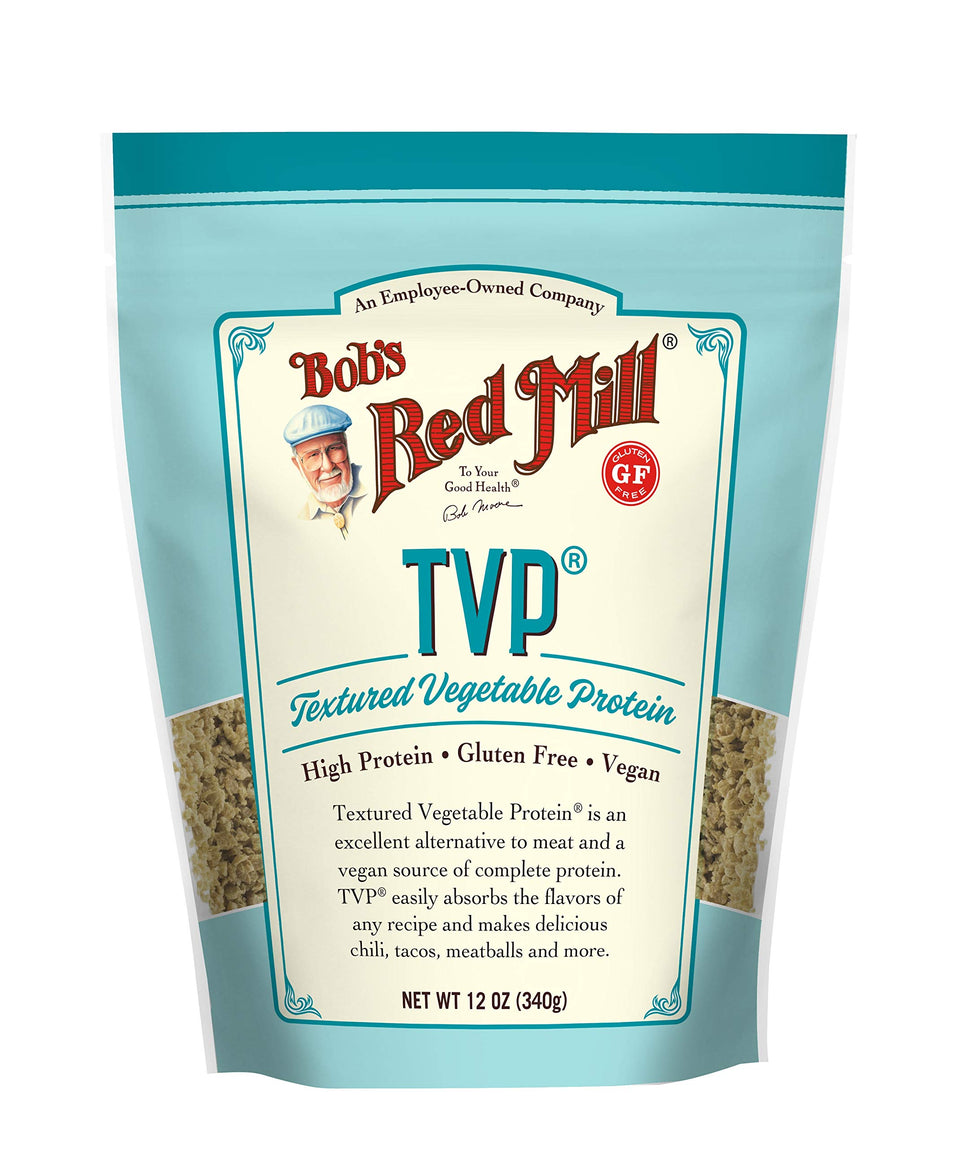 Bob's Red Mill TVP uncooked bag; versatile vegan protein base for meals.