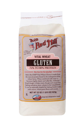 Bob's Red Mill Vital Wheat Gluten Flour packaging showing 22 oz, ideal for boosting bread elasticity.