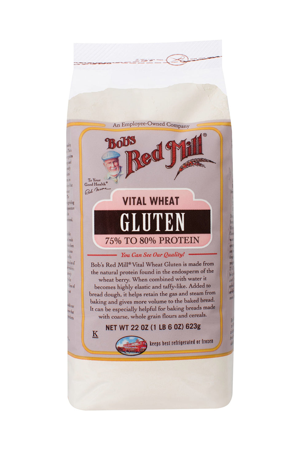 Bob's Red Mill Vital Wheat Gluten Flour packaging showing 22 oz, ideal for boosting bread elasticity.