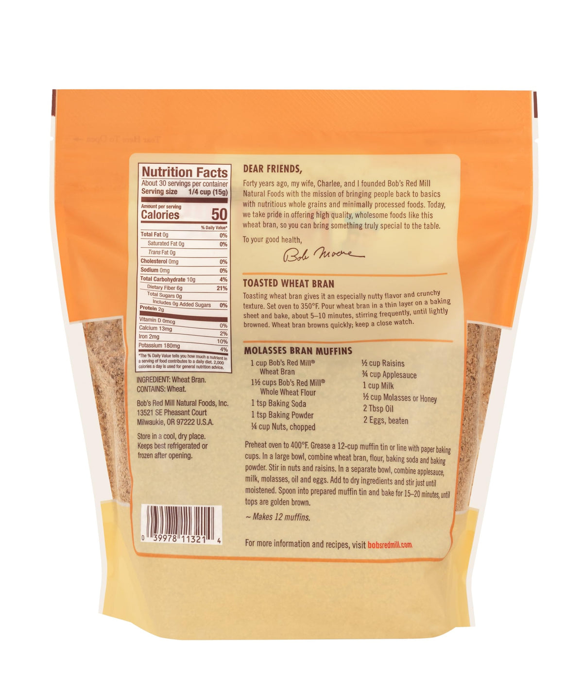 Pour shot of Bob's Red Mill Wheat Bran boosting fiber in recipes