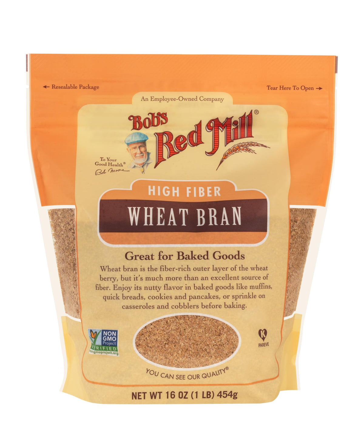 Bob's Red Mill Wheat Bran texture closeup shows flaky fibers for cereals