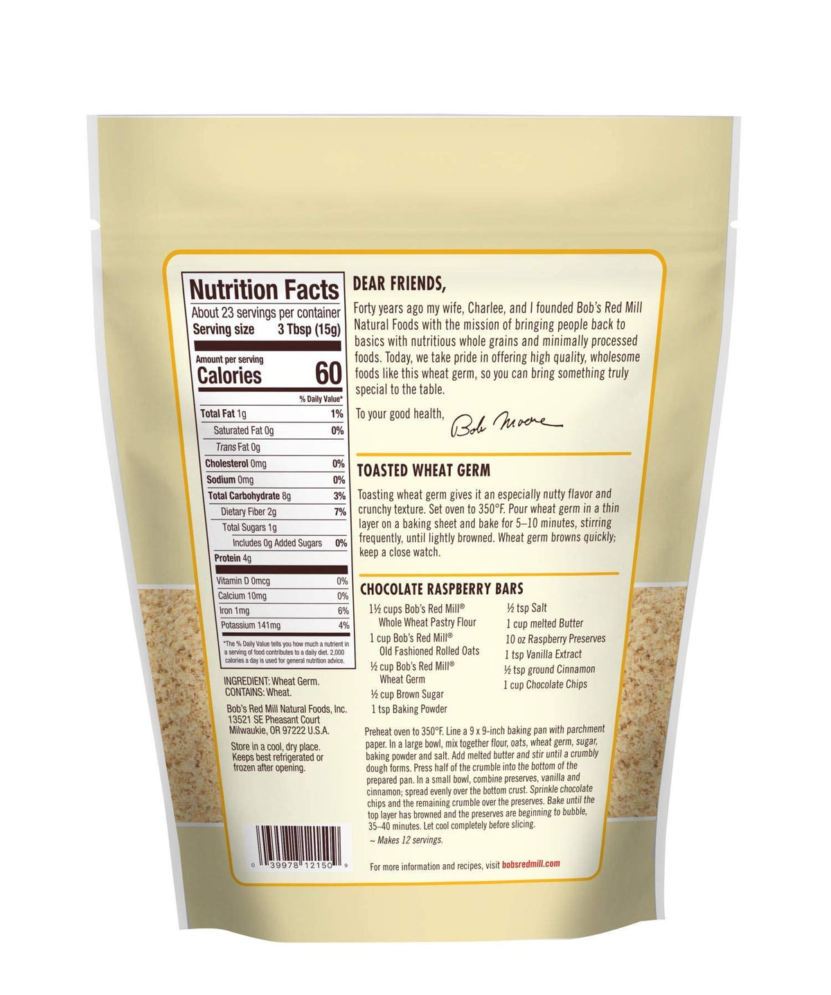 Bob's Red Mill Wheat Germ closeup shows nutty texture for baking and shakes.