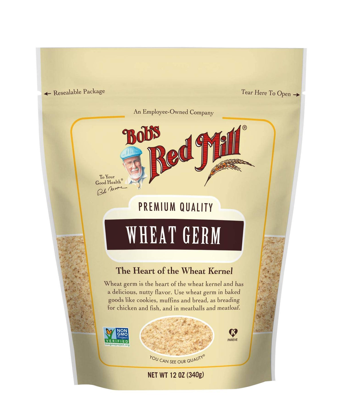 Bob's Red Mill Wheat Germ packaging, jar, perfect for sprinkling on yogurt and smoothies.