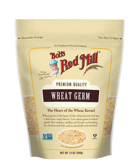 Bob's Red Mill Wheat Germ packaging, jar, perfect for sprinkling on yogurt and smoothies.