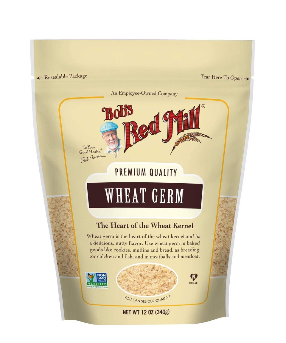 Bob's Red Mill Wheat Germ packaging, jar, perfect for sprinkling on yogurt and smoothies.