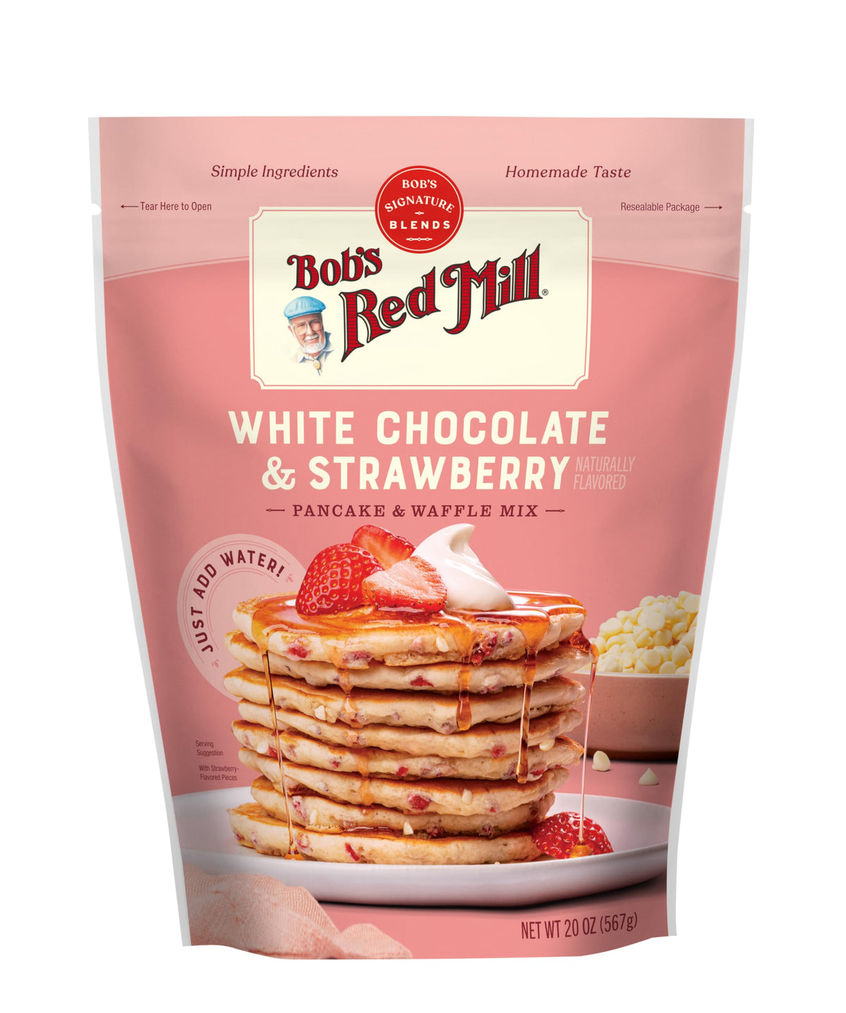 Bob's Red Mill mix being poured to make fluffy pancakes quickly