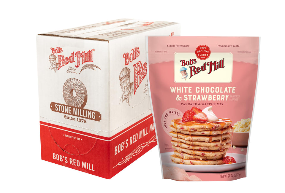 Bob's Red Mill White Chocolate and Strawberry Pancake Mix pack front for quick breakfasts