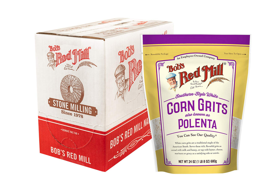 Bob's Red Mill white corn grits pack 4 front view, authentic Southern flavor ready to cook