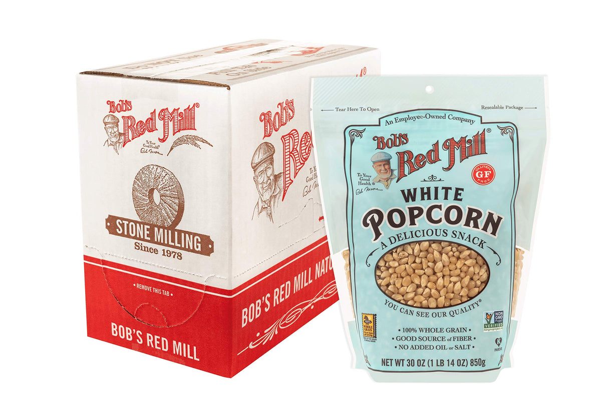 Bob's Red Mill White Popcorn kernels, ready to pop into a light, fiber-rich snack