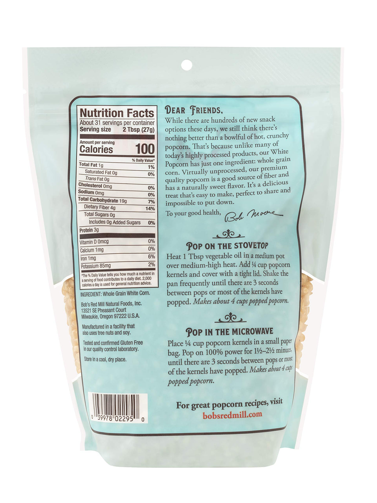 Bob's Red Mill White Popcorn in microwave bag, quick ready-to-eat snack