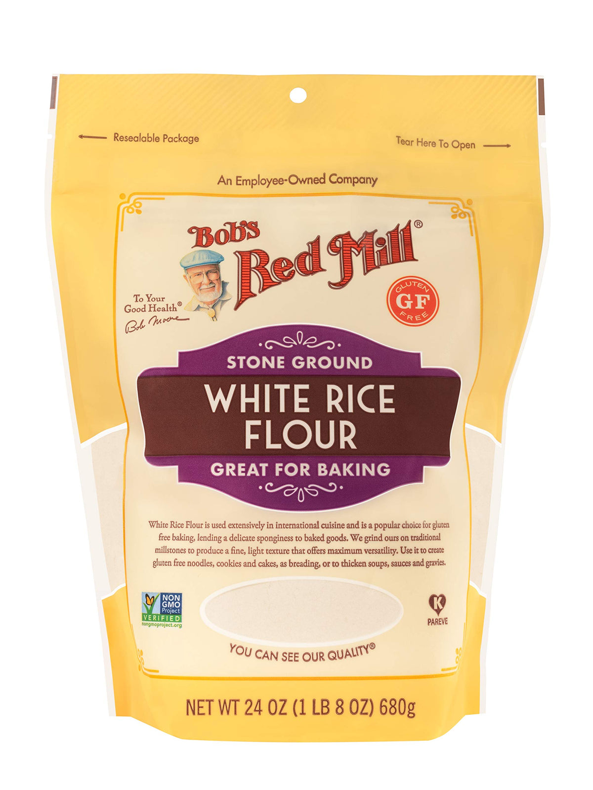 Close-up of Bob's Red Mill flour texture for delicate baking.