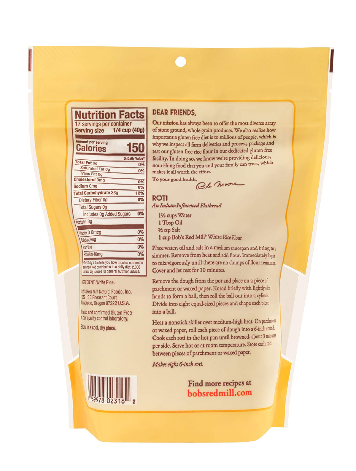 Bob’s Red Mill White Rice Flour neutral flavor suitable for gluten-free cakes and sauces.