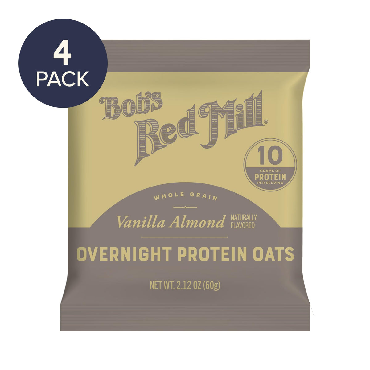 Close-up of whole grains and almonds in vanilla almond oats with brand name