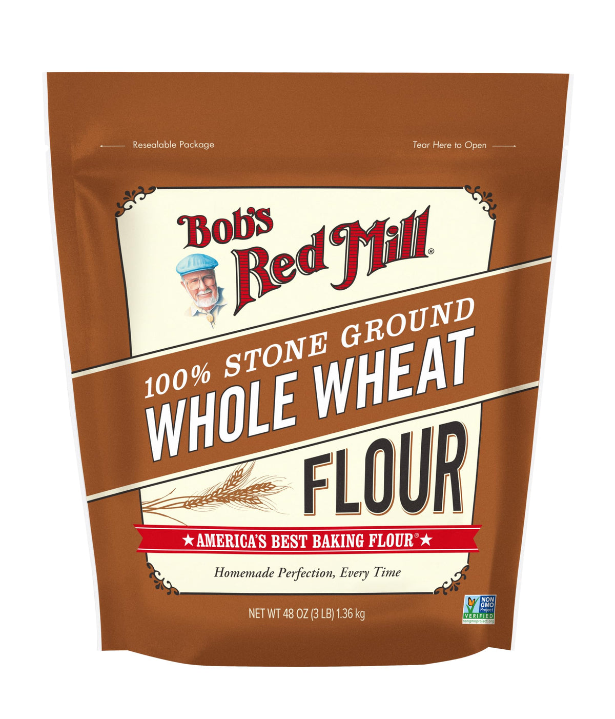 Bob's Red Mill Whole Wheat Flour nutrition panel, highlights high-fiber content.