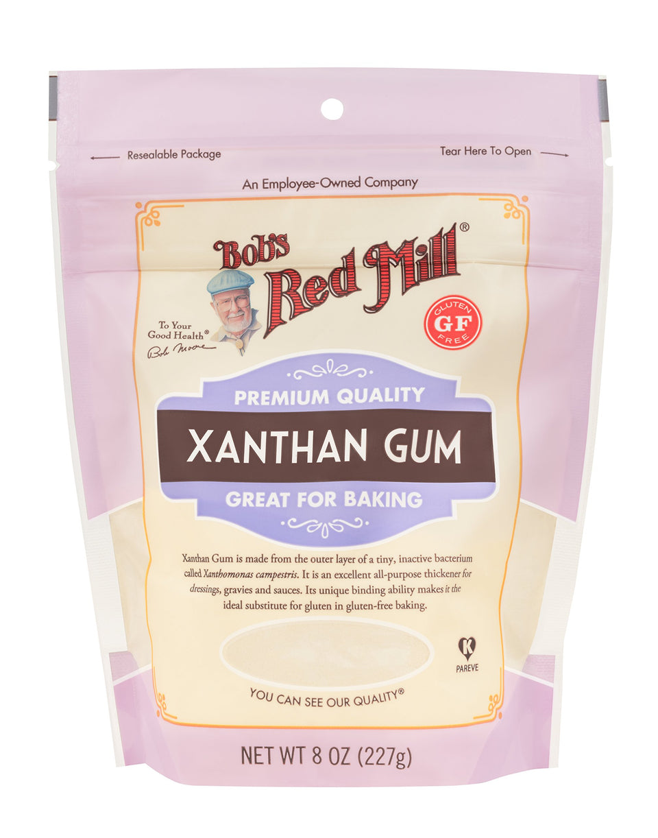 Bob's Red Mill Xanthan Gum label close-up highlighting gluten-free baking support