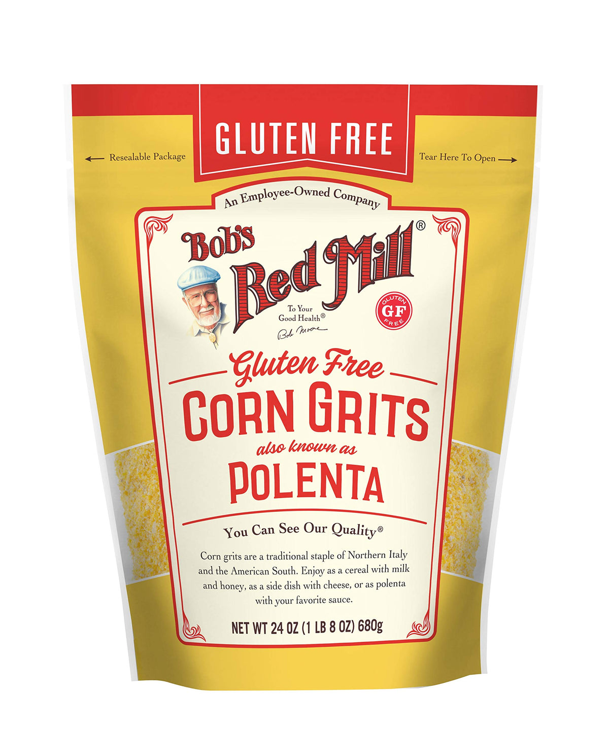 Bob's Red Mill yellow corn polenta dry grains ready to cook.