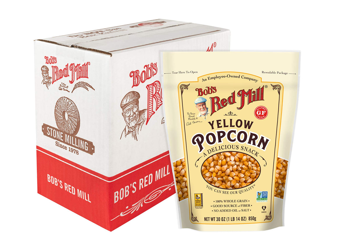 Bob's Red Mill Yellow Popcorn kernels closeup highlights premium kernels for fluffy pops.