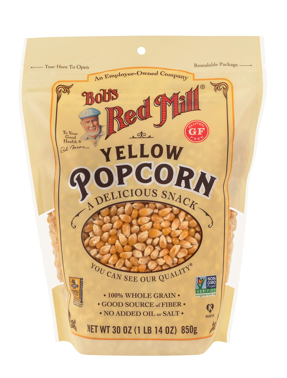 Bob's Red Mill Yellow Popcorn kernels popping in a pan for a crisp snack.