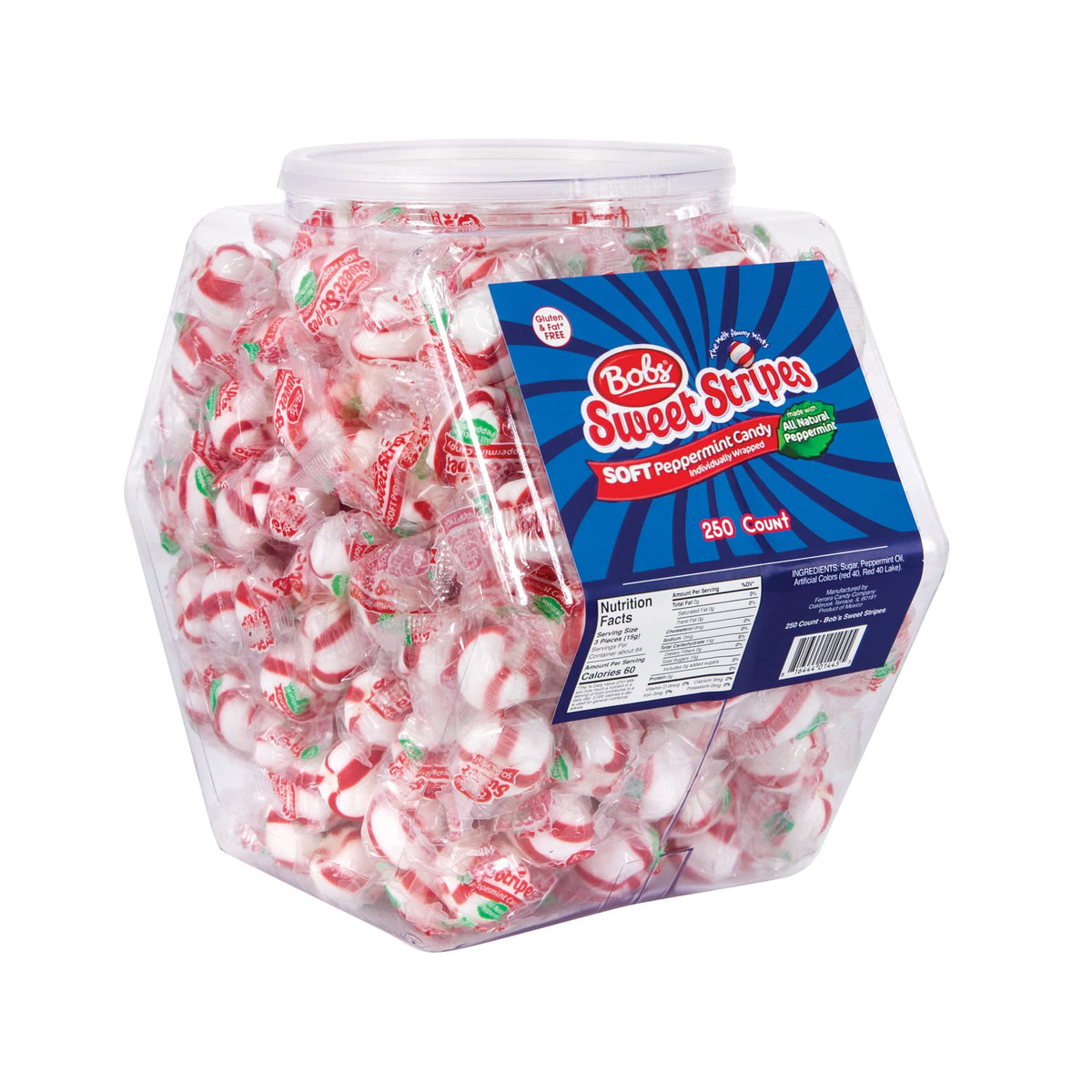 Bob's Sweet Stripes tub with mint candies, ready for sharing.