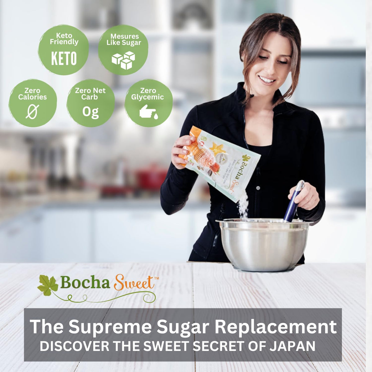 Pouring BochaSweet into a mug, showcasing zero glycemic sweetness for sugar-free drinks.