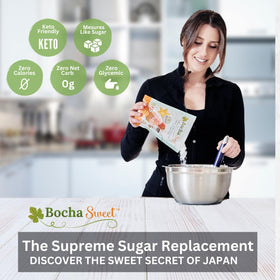 Pouring BochaSweet into a mug, showcasing zero glycemic sweetness for sugar-free drinks.