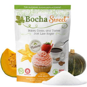 BochaSweet supreme sugar replacement bottle on kitchen counter, ideal for baking and coffee.