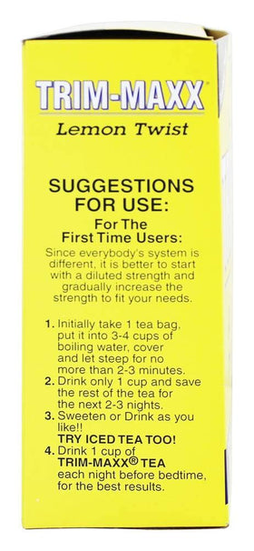Body Breakthrough Diet Trim-Maxx Tea Lemon back label closeup highlights ingredients and usage.