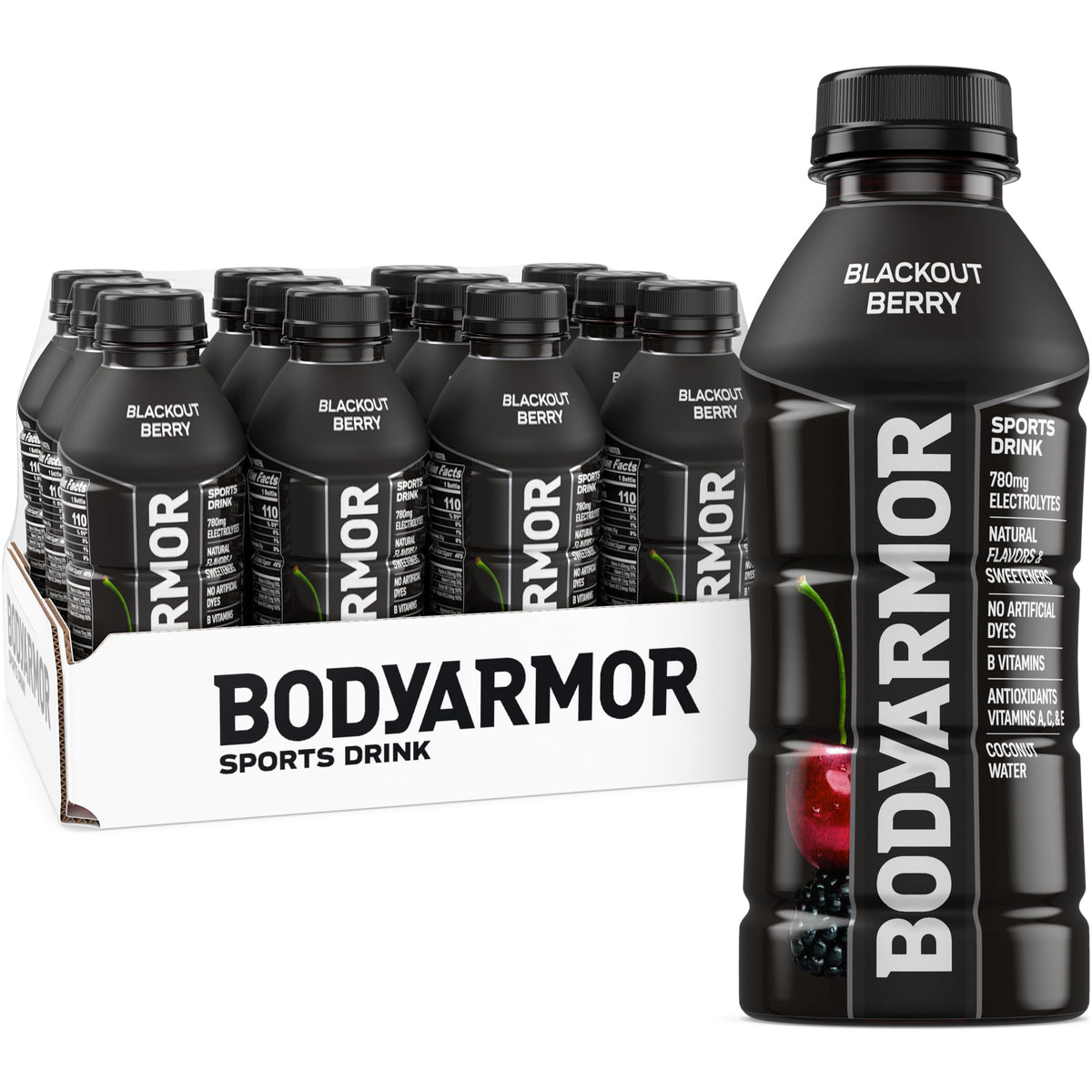 BODYARMOR Blackout Berry bottle front shows hydration with coconut water.