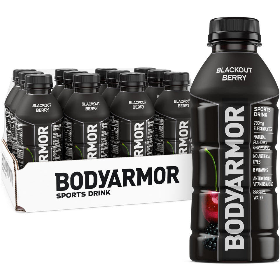 BODYARMOR Blackout Berry bottle front shows hydration with coconut water.