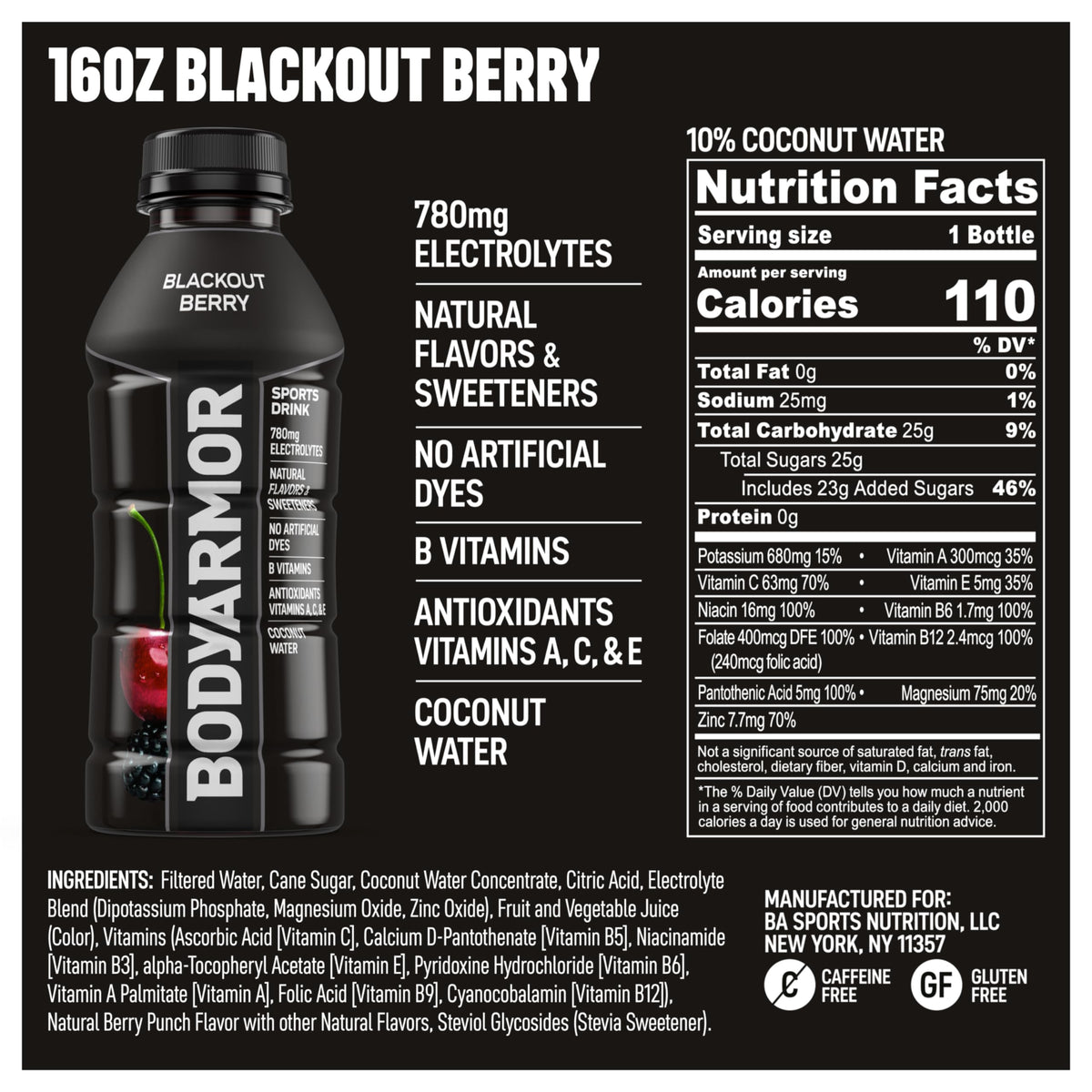 BODYARMOR Blackout Berry bottle being poured for a quick refresh.