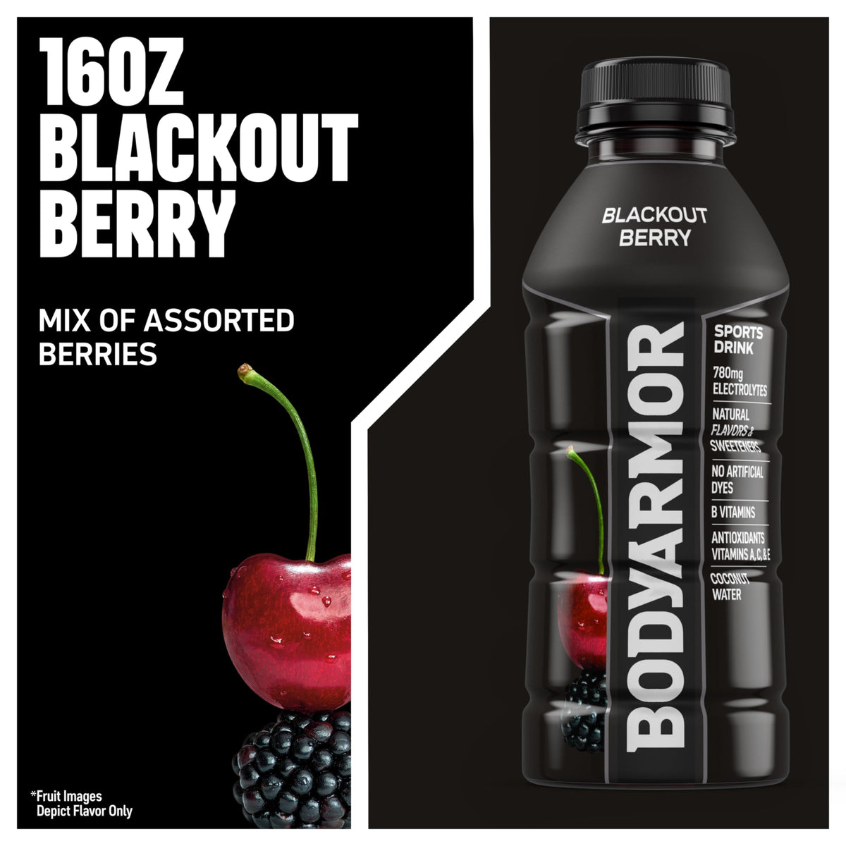 Closeup of BODYARMOR Blackout Berry label highlighting natural ingredients.