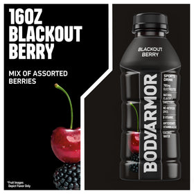 Closeup of BODYARMOR Blackout Berry label highlighting natural ingredients.