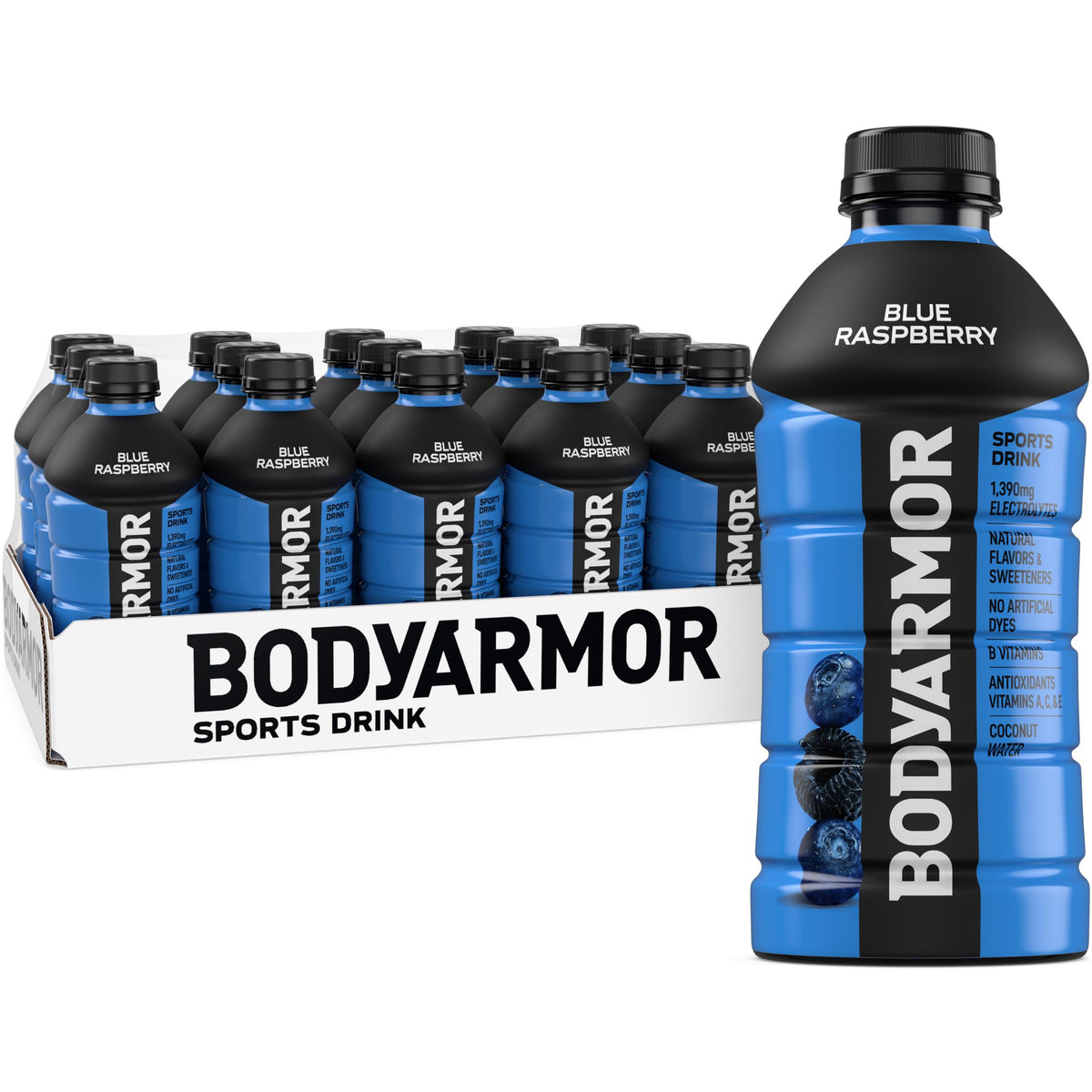 BODYARMOR Blue Raspberry bottle label showcasing electrolytes and flavor.