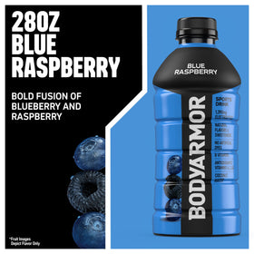 BODYARMOR Blue Raspberry label close-up with natural ingredients mention.
