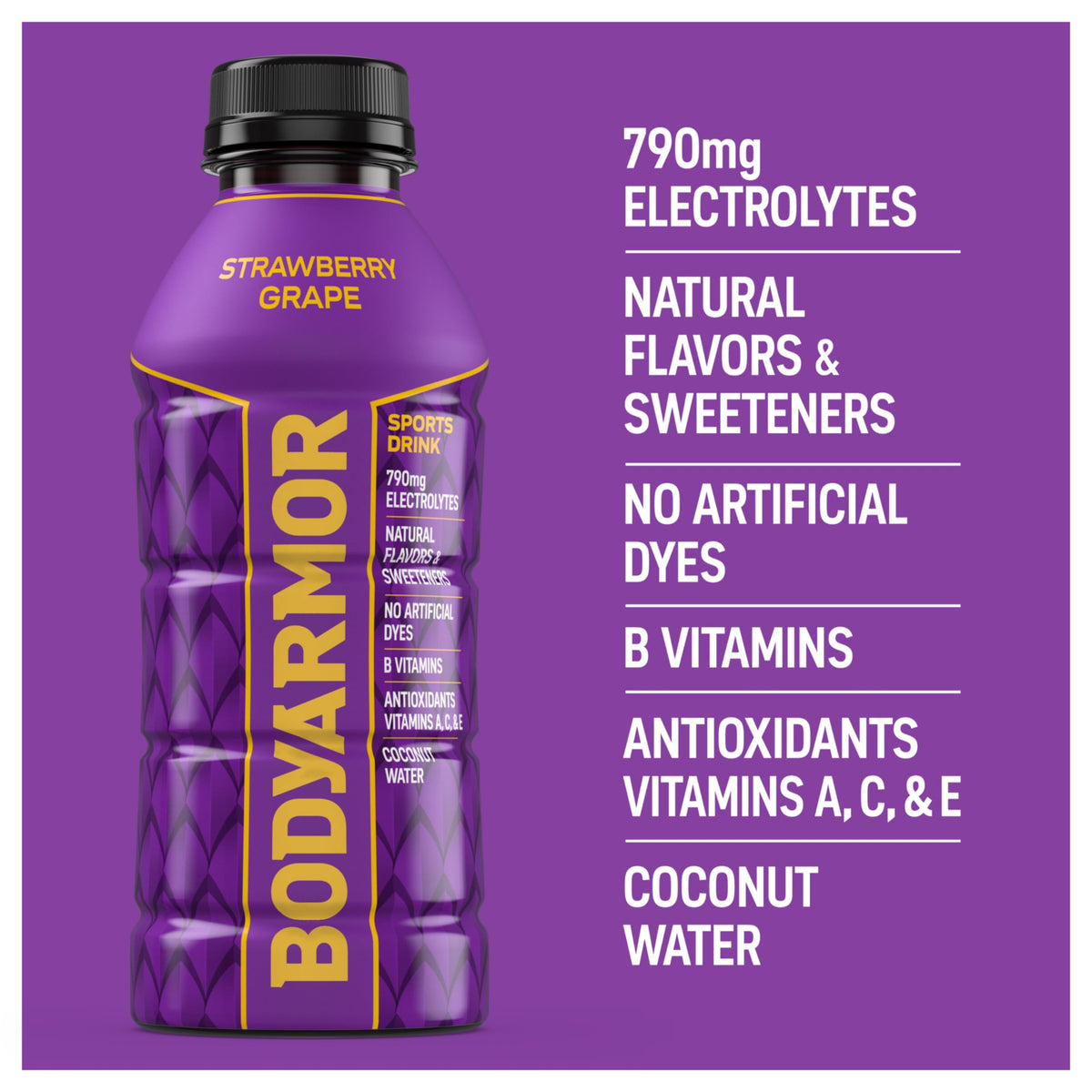 BodyArmor bottle highlights coconut water and electrolytes for hydration.