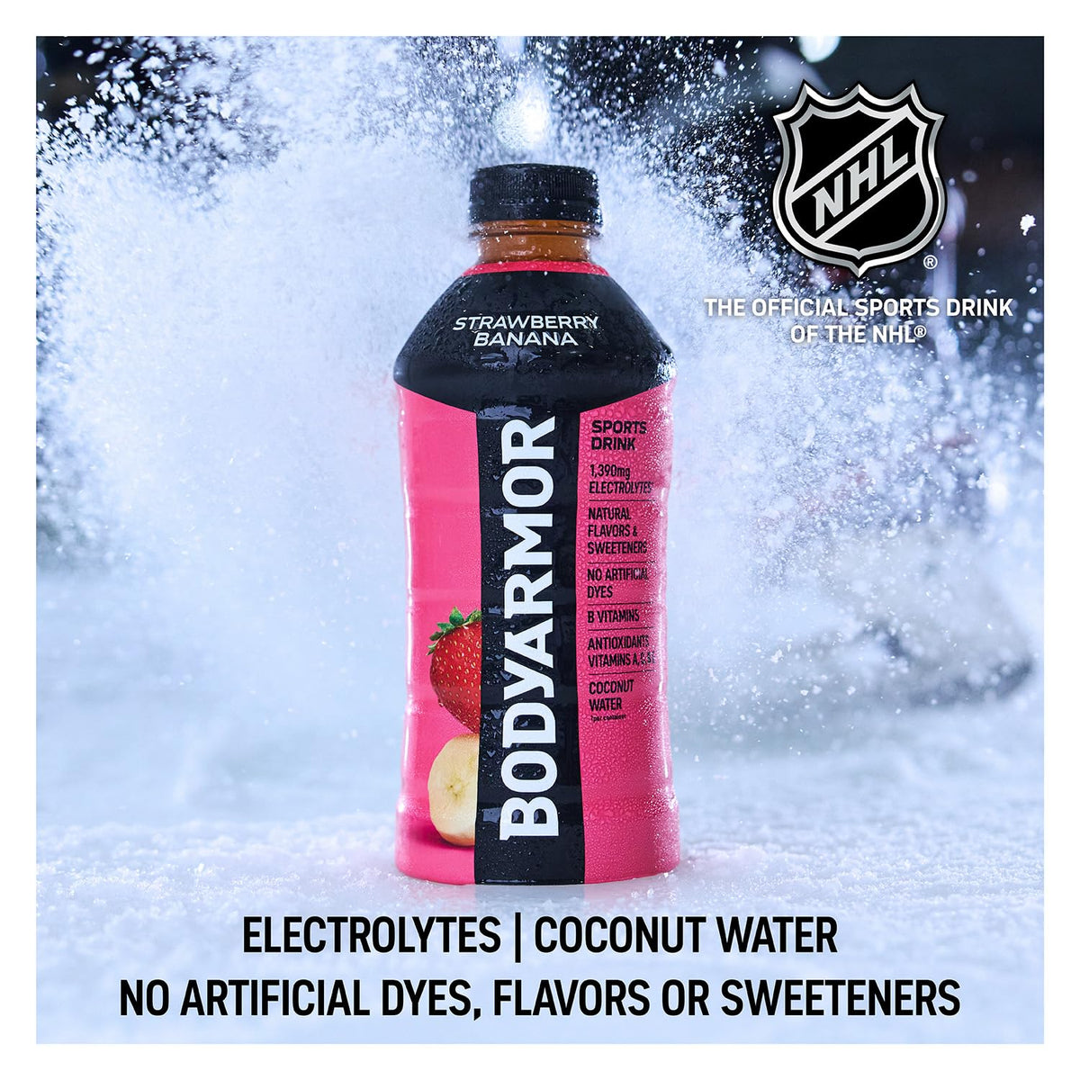 BODYARMOR Electrolytes bottle closeup indicates potassium-rich hydration support