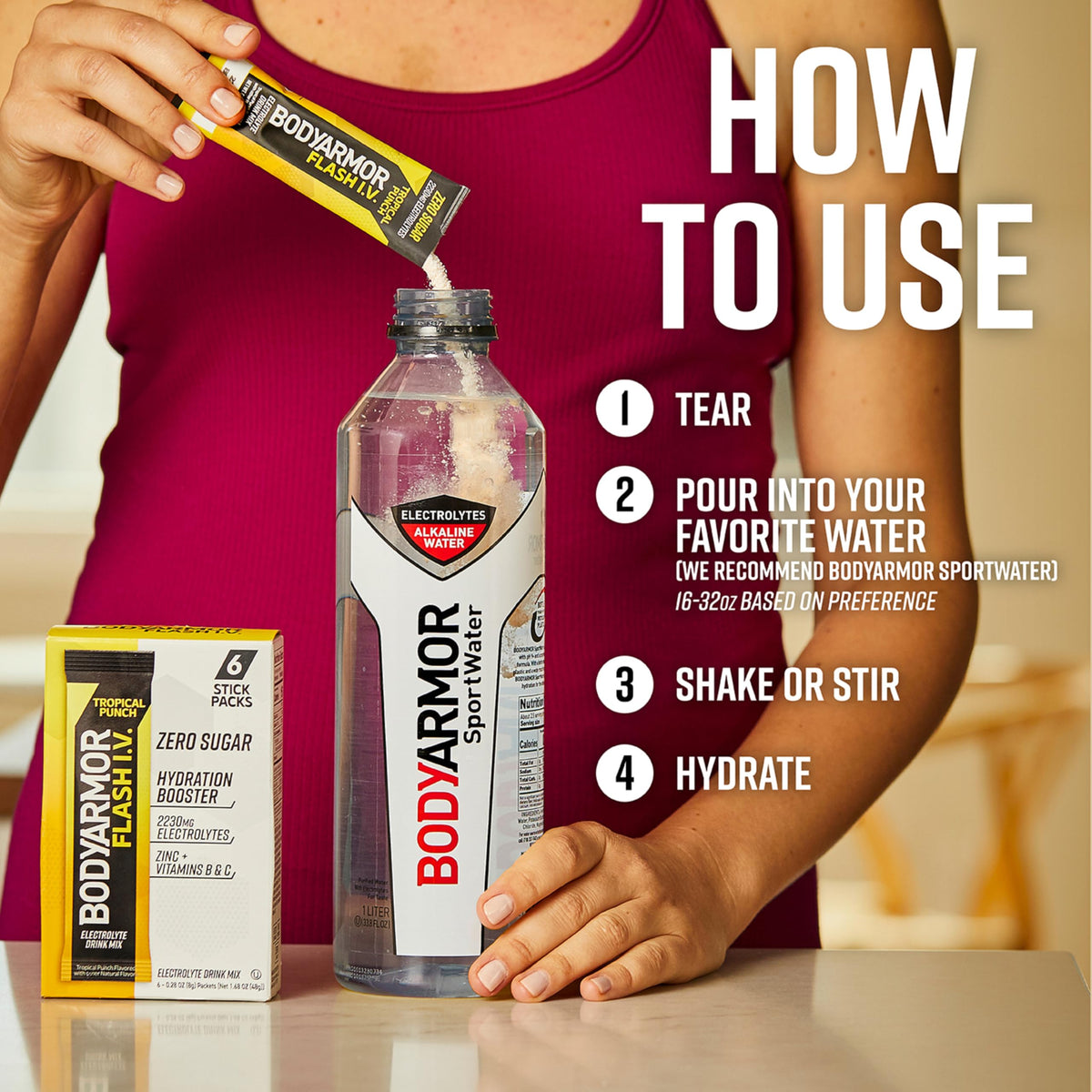 BodyArmor Flash I.V. 2,230 mg electrolytes packet supports quick replenishment.