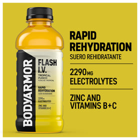 BodyArmor Flash IV Tropical Punch bottle pour demonstrates refreshing hydration
