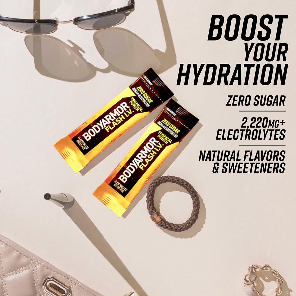 BodyArmor Flash I.V. coconut water powder packet adds natural refreshment.