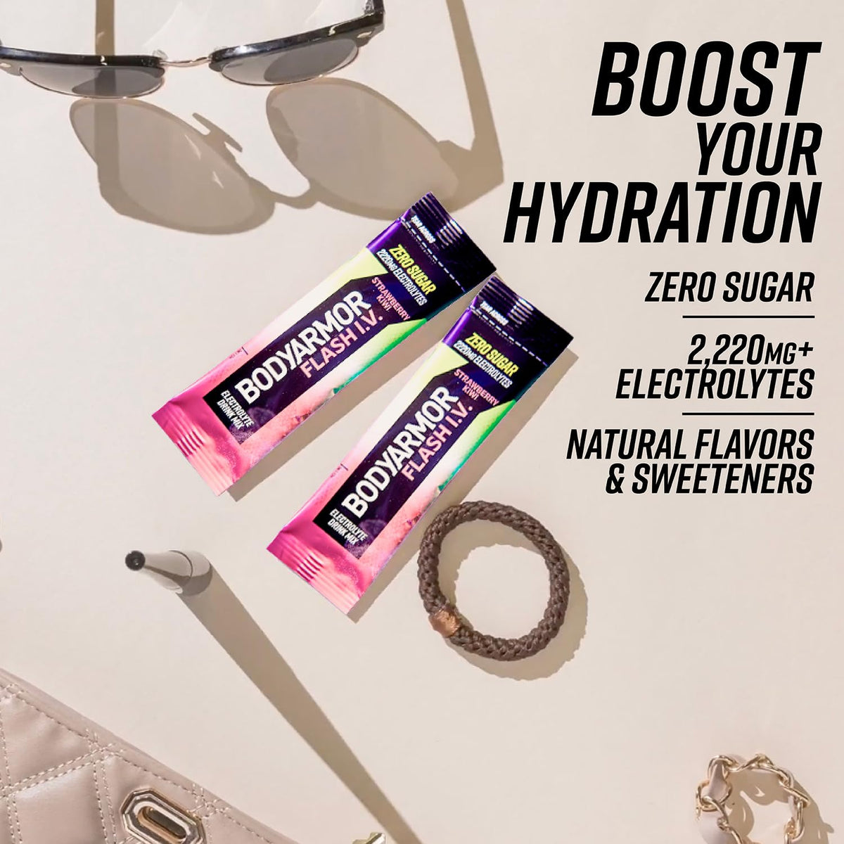BODYARMOR FLASH I.V. coconut water powder emphasizes natural flavor and electrolytes.