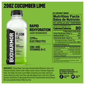 BODYARMOR Flash I.V. cucumber-lime bottle back showing electrolytes and ingredients