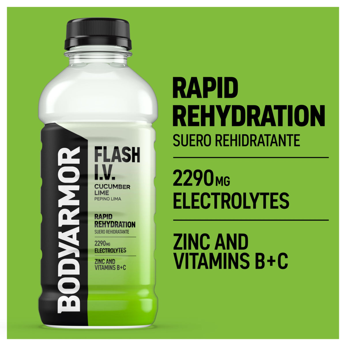 BODYARMOR Flash I.V. cucumber-lime ingredients panel and electrolytes