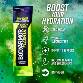 Open pack reveals convenient single-serve lemon-lime powder for fast mixing in a bottle.