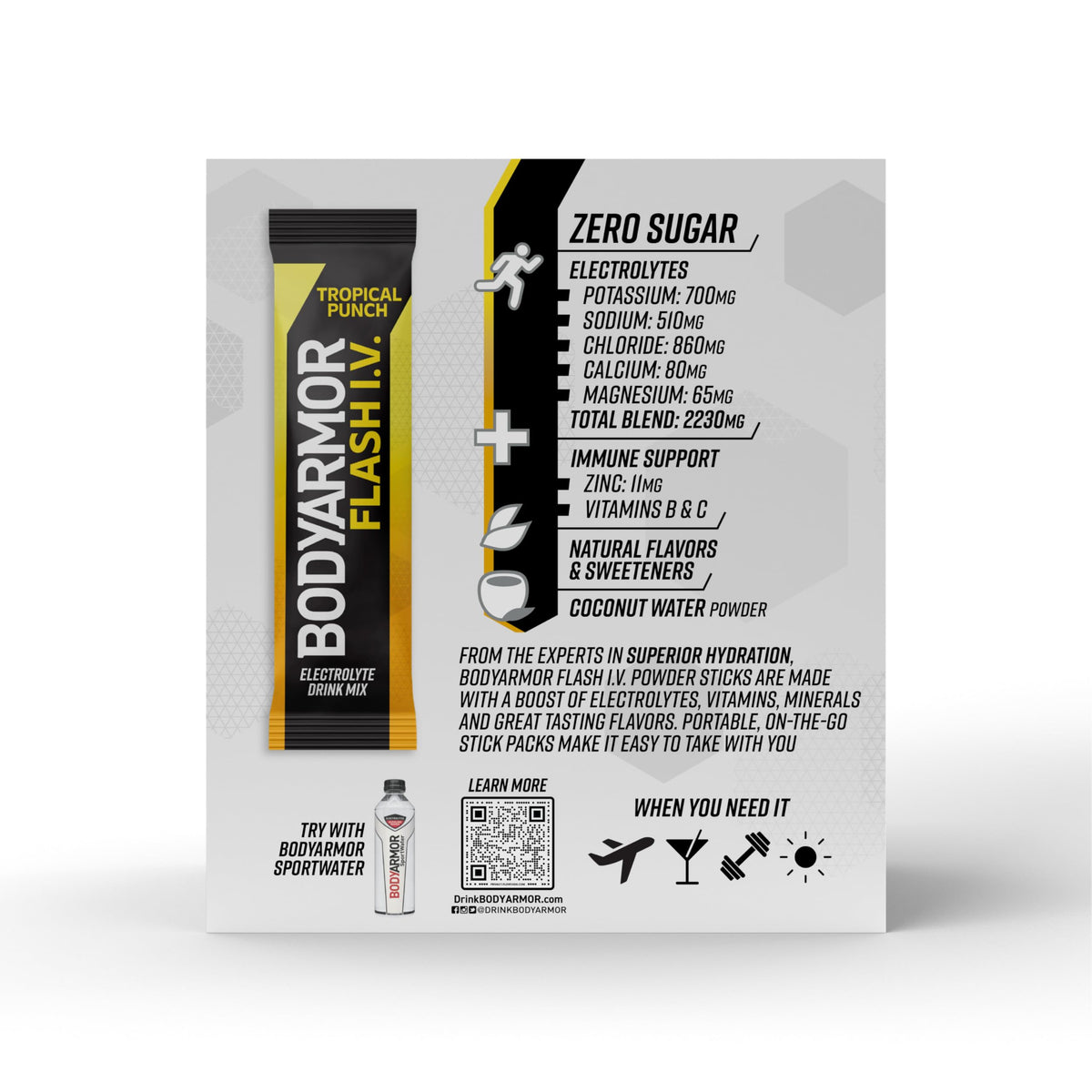 BodyArmor Flash I.V. mix with SportWater for enhanced hydration flavor.