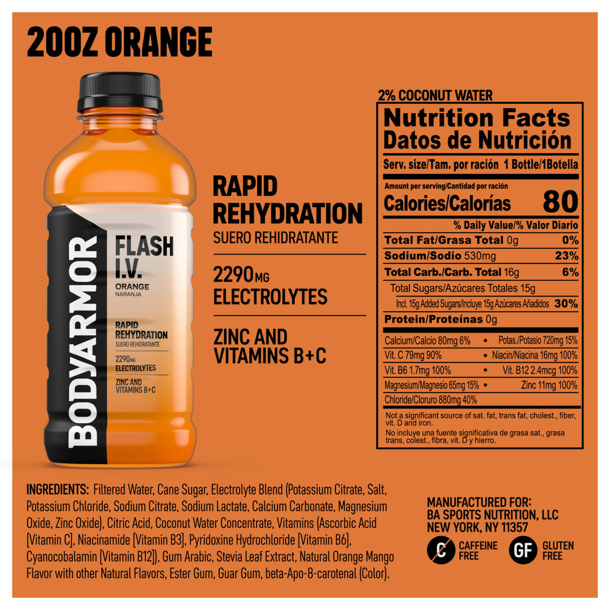 BODYARMOR Flash I.V. Orange coconut-water ingredients provide natural electrolytes