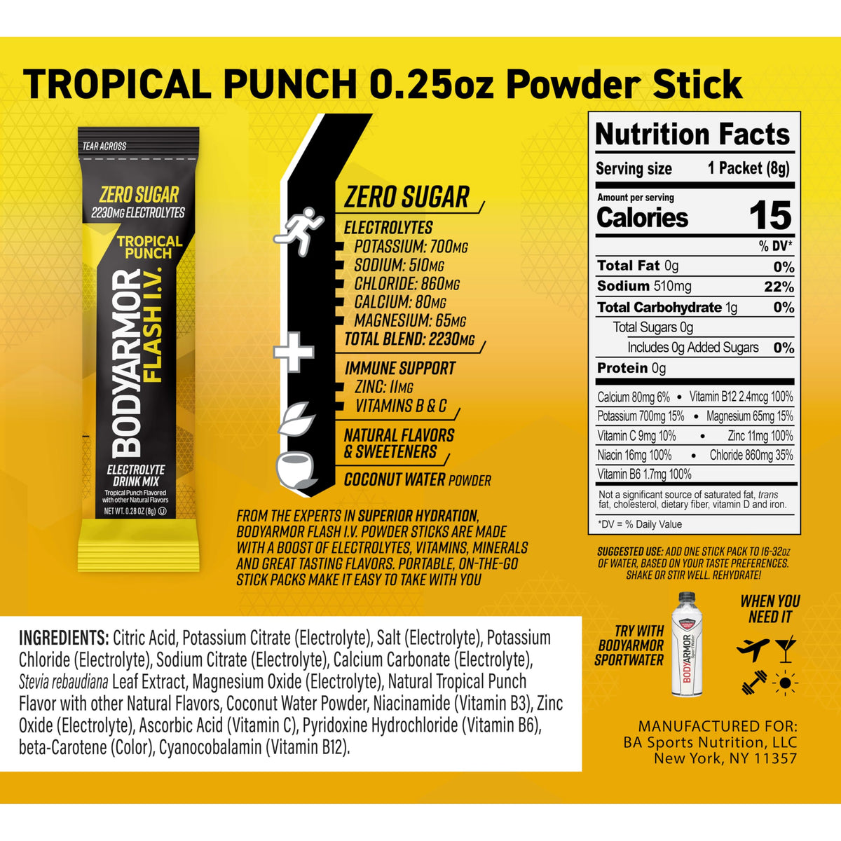 BodyArmor Flash I.V. portable stick packet designed for travel and gym.
